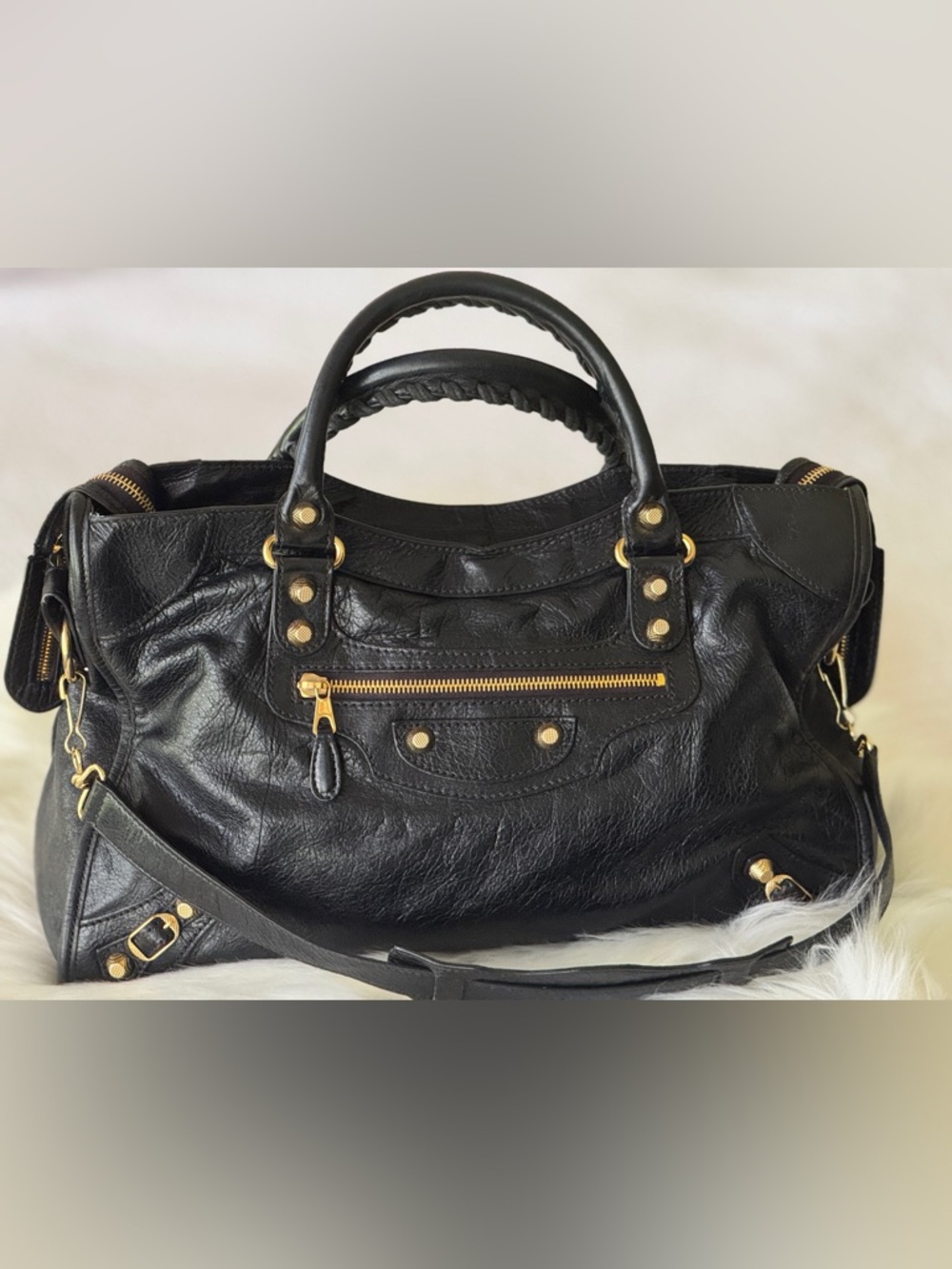 BALENCIAGA CITY BAG BLACK W/ GIANT 12 GOLD HARDWARE F/W 2014